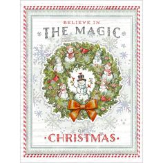 a christmas card with an image of a wreath and snowmen in the middle, saying believe