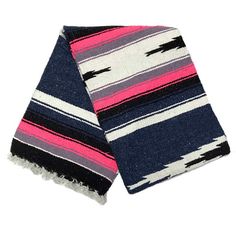 two scarves with fringes on them are shown in blue, pink and white