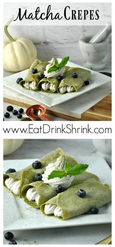 blueberry matcha crepes with whipped cream and mint leaves on top are shown