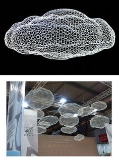 two pictures one shows a suspended light fixture and the other shows an object made out of wire