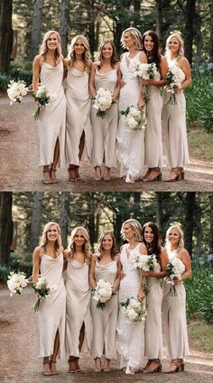 the bridesmaids are posing for pictures in their wedding gowns and bouquets