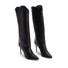 Black Dress Boots, Dress Leather Boots, Trendy Boots, Dress Boots, High Heel Boots, Street Styles, Dress With Boots, Cow Leather, Embossed Leather