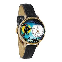 Whimsical Gifts | Flying Witch 3D Watch Large Style | Handmade in USA | Holiday & Seasonal Themed | Halloween | Novelty Unique Fun Miniatures Gift | Gold Finish Black Leather Watch Band Halloween Watch, Colorful Watches, Flying Witch, Ride It, Whimsical Gifts, Pumpkin Earrings, Whimsical Fashion, Face Design, Watch Gifts