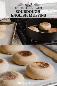 english muffins being cooked in a cast iron skillet