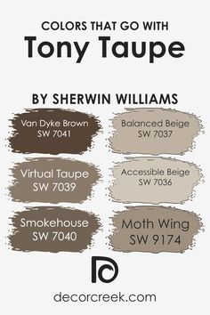 Colors that Go With Tony Taupe SW 7038 by Sherwin Williams Tony Taupe, Accessible Beige Sherwin Williams, Taupe Color Palettes, Grey Wall Color, Balanced Beige, Tan Paint, Beige Color Scheme, Accessible Beige