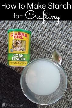 a can of crab starch next to a glass cup on a wicker table