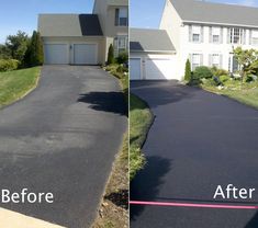 before and after photos of a driveway being paved with tarmac in front of a house