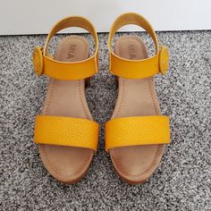 Adorable Mustard Yellow Mia Clog Sandals With Yellow Ankle Buckle. Wooden Sole With Block Heel And Rivet Detail. Nwot, Only Tried On Inside. Size 9. Smoke/Pet Free Home. Fits Tts Affordable Playful Yellow Sandals, Native Moccasins, Mia Clogs, Mia Sandals, Home Fits, Gold Strappy Sandals, Brown Block Heels, Summer Sandals Flat, Yellow Sandals