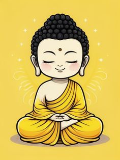 a buddha statue sitting in the middle of a yellow background with stars on it's head