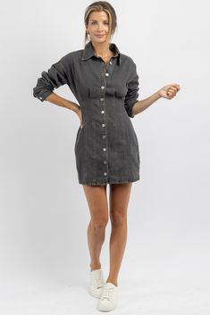 Fall Denim Dress With Button Closure, Fall Mini Denim Dress With Button Closure, Mini Denim Dress With Button Closure For Work, Mini Length Denim Dress With Button Closure For Work, Fitted Denim Dress With Buttoned Pockets For Fall, Denim Mini Dress With Buttons For Workwear, Fitted Denim Dress With Buttoned Pockets For Day Out, Fitted Denim Dress With Snap Buttons For Workwear, Fitted Mini Dress With Buttoned Pockets