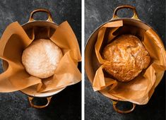 two pictures of bread in a pot with paper