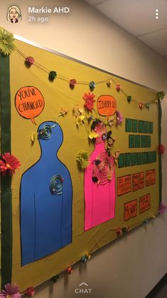 a bulletin board is decorated with flowers and paper cutouts to describe the different types of people