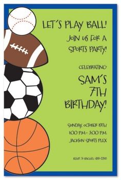 a birthday card with an image of a basketball ball and soccer balls on it, as well as the text let's play ball join for a sports party celebrating sam's 4th birthday