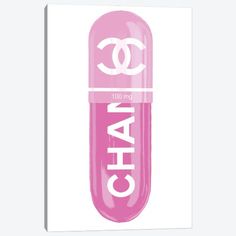 a pink pill bottle with the word chan on it's side, in white lettering