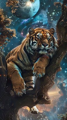 a tiger sitting on top of a tree branch in the middle of a night sky