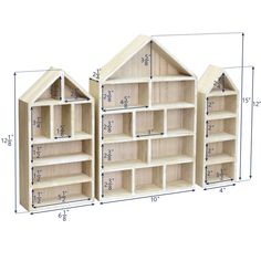 three wooden shelves are shown with measurements for each shelf in the same size and shape