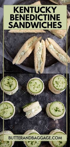 Collage of overhead shot of Kentucky benedictine sandwich triangles at top and overhead shot of Kentucky benedictine sandwich circles at bottom. Kentucky Derby Appetizers, Cream Cheese And Cucumber, Sandwiches With Cream Cheese, Benedictine Spread, Soft White Bread, Kentucky Derby Food, Kentucky Derby Recipes, Derby Recipe, Derby Party Food