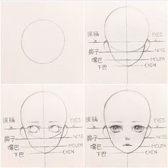 four different views of an anime character's head with the eyes and nose drawn