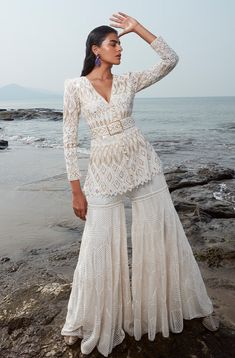 Editor's Note Ivory And Gold Hand Embroidered Kurta, Block Sharara & Buckle Belt. Color: Ivory Fabric: Net, Crepe, Double Georgette  Embroidery Details: Bead, Thread, Resham, Dori &... Lilac Lehenga, Ritika Mirchandani, Kurta Sharara Set, Kurta Sharara, Metal Embellishments, Indo Western Dress, Indian Dresses Traditional, Embroidered Dupatta, Party Wear Indian Dresses