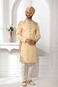 Mens Indo Sherwani With Churidar for Mens for Wedding Event Party Function in Dark Fawn - Etsy Long Sherwani With Resham Embroidery, Gold Fitted Sherwani With Naqshi Details, Gold Fitted Sherwani With Naqshi, Unstitched Beige Sherwani With Zari Work, Beige Sherwani With Dabka Work For Eid, Beige Straight Kurta Bandhgala For Wedding, Long Sherwani For Diwali, Naqshi Churidar For Eid Reception, Long Sherwani For Reception