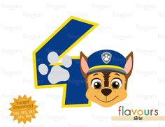 the paw patrol number four is shown in blue and yellow, with an image of a dog