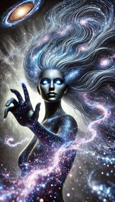 a woman with long hair and blue eyes holding her hands up in the air, surrounded by stars