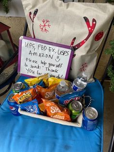 a chair that has some snacks on it