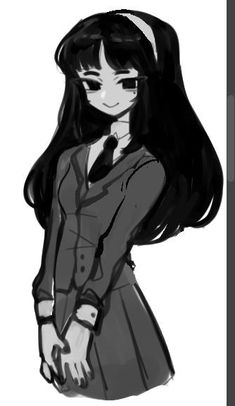 a drawing of a girl with long black hair wearing a suit and tie, standing in front of a white background