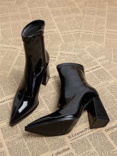 2024 New Women Fashion Elegant Black Ankle Boots, Pointed Toe, Chunky Heel, Autumn/Winter Black         Women Shoes, size features are:Bust: ,Length: ,Sleeve Length: Fall High Heels, Classy Boots For Women, Ankle Boots Aesthetic, Chunky Heel Boots Outfit, Elegant Winter Shoes, Trendy Boots For Women, Comfy Boots, Comfy Heels, Pointed Boots