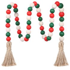 two tasseled beads with red, white and green balls are on a string