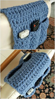 there is a blue crocheted couch with two remotes in the back pocket