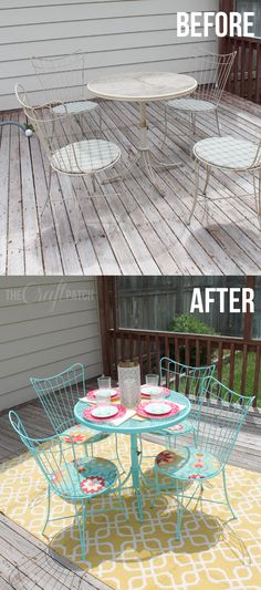 before and after photos of an outdoor patio makeover with teal metal chairs, yellow rug, and white table