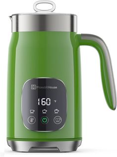 a green electric kettle with thermometer displayed on it's front and side