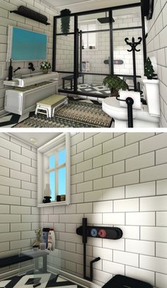 two pictures of a bathroom with black and white tiles