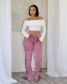 We added a new color in best fits 💓 “Unholy Side Lace Up Denim Jeans” with “On My Mind Thumbhole Crop Top” Fitted Pink Denim Top, Pink Fitted Denim Top, Fitted Pink Denim Bottoms, Pink High Rise Distressed Jeans, Pink Mid-rise Denim Bottoms, High Waist Denim Pants, Tailored Jeans, Tailoring Jeans, Metallic Jeans