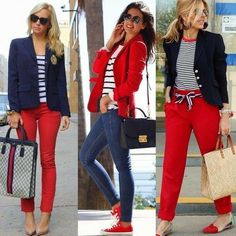 Red Pants Outfit, Nautical Outfits, Red Jeans, Outfit Jeans, Mode Casual, Red Pants, Blazer Outfits, Work Outfits Women