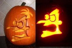 two pumpkins that have been carved to look like cartoon characters, one with glasses and the other with an angry bird