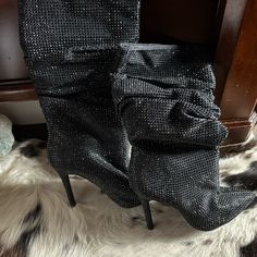 Black Crystal Stone Boots. Never Worn. Size 9 Black Pointed Toe Winter Boots, Black Closed Toe Winter Heels, Black Closed Toe Heels For Winter, Winter Black Closed Toe Heels, Black High Heel Mid-calf Boots For Winter, Black Closed Toe Mid-calf Boots For Winter, Winter Party Boots In Synthetic Material, Synthetic Winter Party Boots, Elegant Synthetic Boots For Party