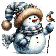 a snowman with a hat and scarf holding a bird