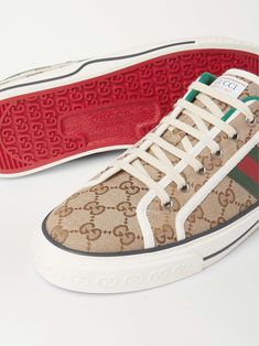 Beige Tennis 1977 Webbing-Trimmed Logo-Jacquard Canvas Sneakers | GUCCI | MR PORTER Shop Gucci, Sneakers Gucci, Gucci Collection, Gucci Shoes Sneakers, Sneakers For Men, Brown Canvas, Gucci Shoes, Canvas Sneakers, Mr Porter