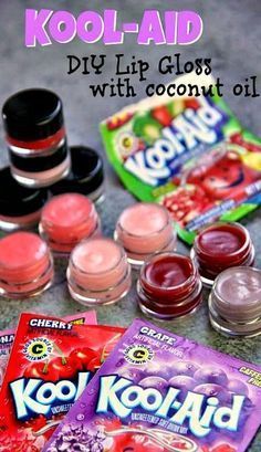 the contents of kool - aid lip glosses and candy are laid out next to each other