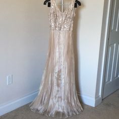 Beautiful Long Dress From Tahari..! Never Worn. Silk Maxi Dress With Sequins For Party, Champagne Maxi Dress For Spring Party, Silk Sequin Maxi Dress For Party, Festive Party Dresses In Silk, Champagne Maxi Dress For Formal Parties, Festive Silk Maxi Dress For Party, Festive Fitted Bodice Mother Of The Bride Dress, Spring Champagne Party Maxi Dress, Champagne Silk Party Gown