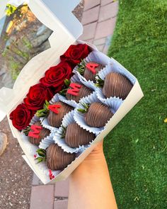 a hand holding a box full of chocolate covered strawberries with red roses on top