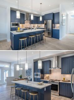 two pictures of a kitchen with blue cabinets and white counter tops, one has an island in the middle