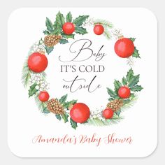 Celebrate the joy of your little one’s arrival with this elegant winter-themed baby shower design. Featuring a minimalist pine tree and berries Christmas Wreath design, this sticker embraces the “Baby It’s Cold Outside” theme, perfect for a cozy, Christmas-time party. The simplicity of the evergreen branches paired with the winter wonderland vibe makes this theme ideal for holiday baby showers. Customize your details and set the tone for a memorable and warm celebration during the cold winter season. Holiday Baby Shower, Outside Baby Showers, Watercolor Christmas Tree, Wreath Winter, Baby Shower Winter, Holiday Baby, Winter Themed, Christmas Tree With Gifts, Winter Baby