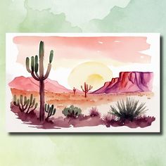 a watercolor painting of desert scene with cactus trees and mountains in the background at sunset