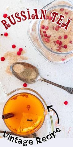 russian tea recipe with vintage spoons and red pepper sprinkles on the table