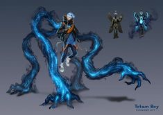 an animated image of a man with blue hair and wings on his back, standing in front of a dragon like creature