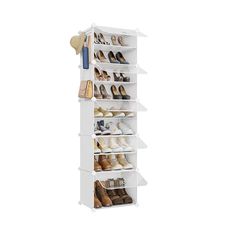 the shoe rack is white and has five shelves with shoes on it, one shelf holding several pairs of women's shoes