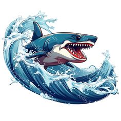 a shark with open mouth and big teeth in the water on a white background illustration